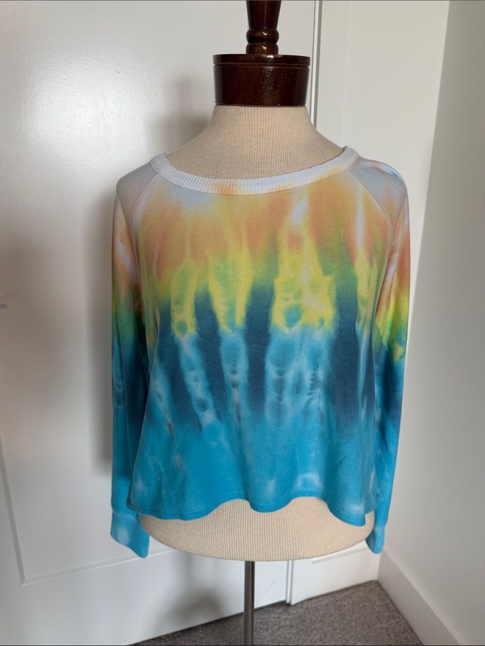 Chaser Women's Long Sleeve Tie-Dye crop sweatshirt in Blue, Yellow & Peach